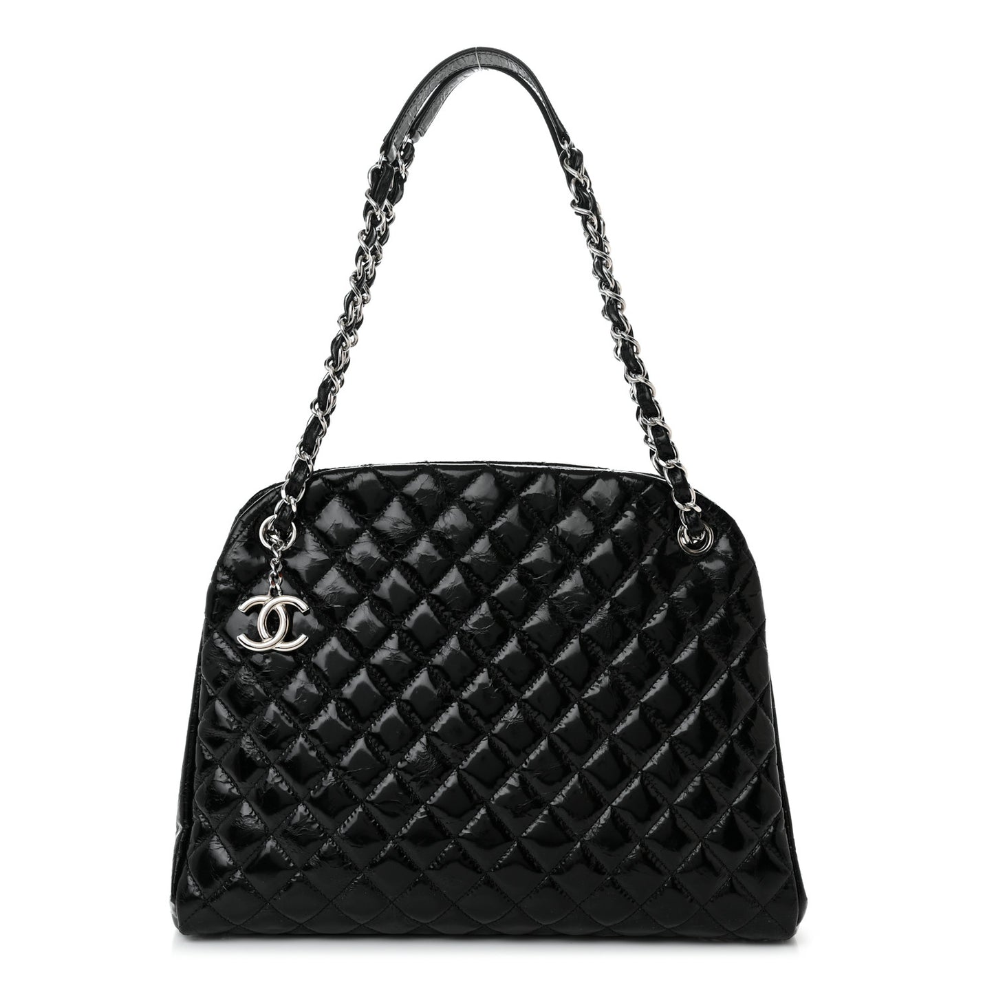 Glazed Calfskin Quilted Large Just Mademoiselle Bowling Bag Black