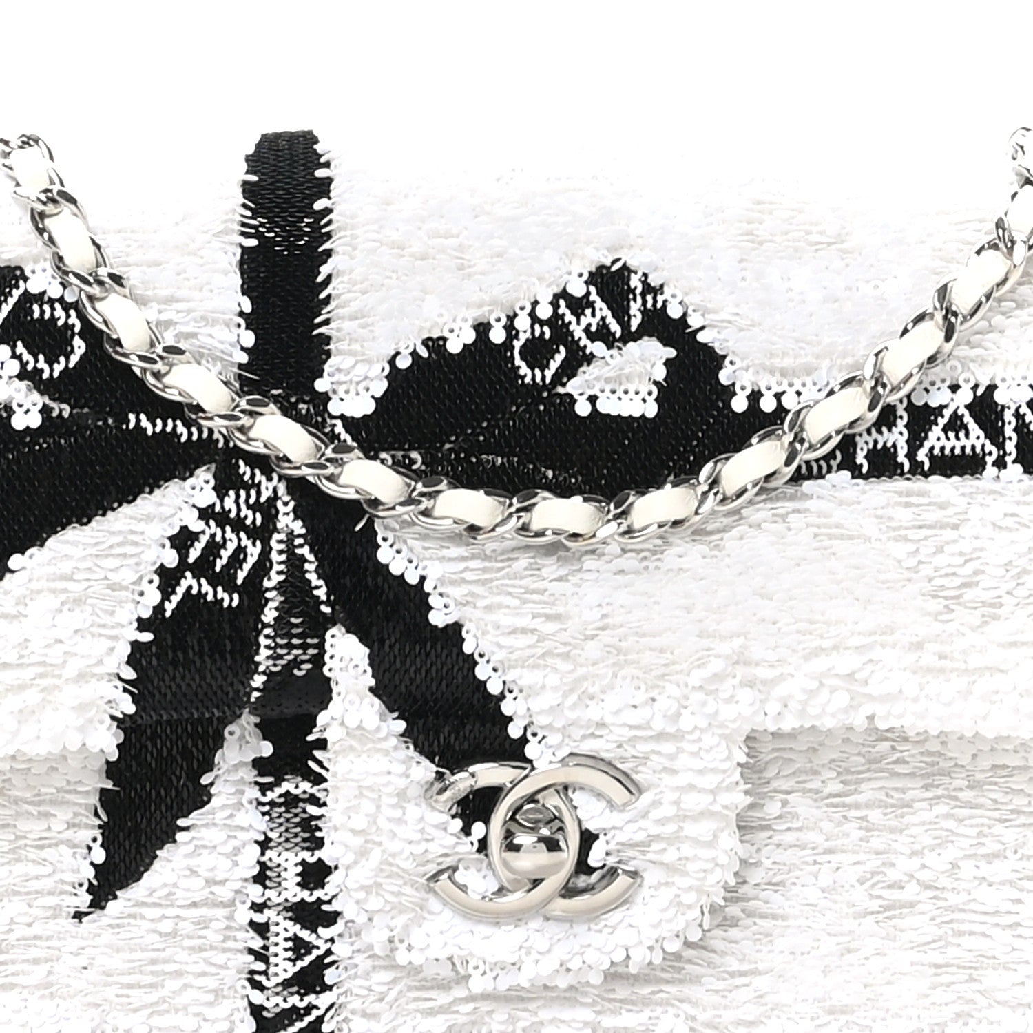 Chanel Sequin Ribbon Mini Rectangular Flap White Black 1707539