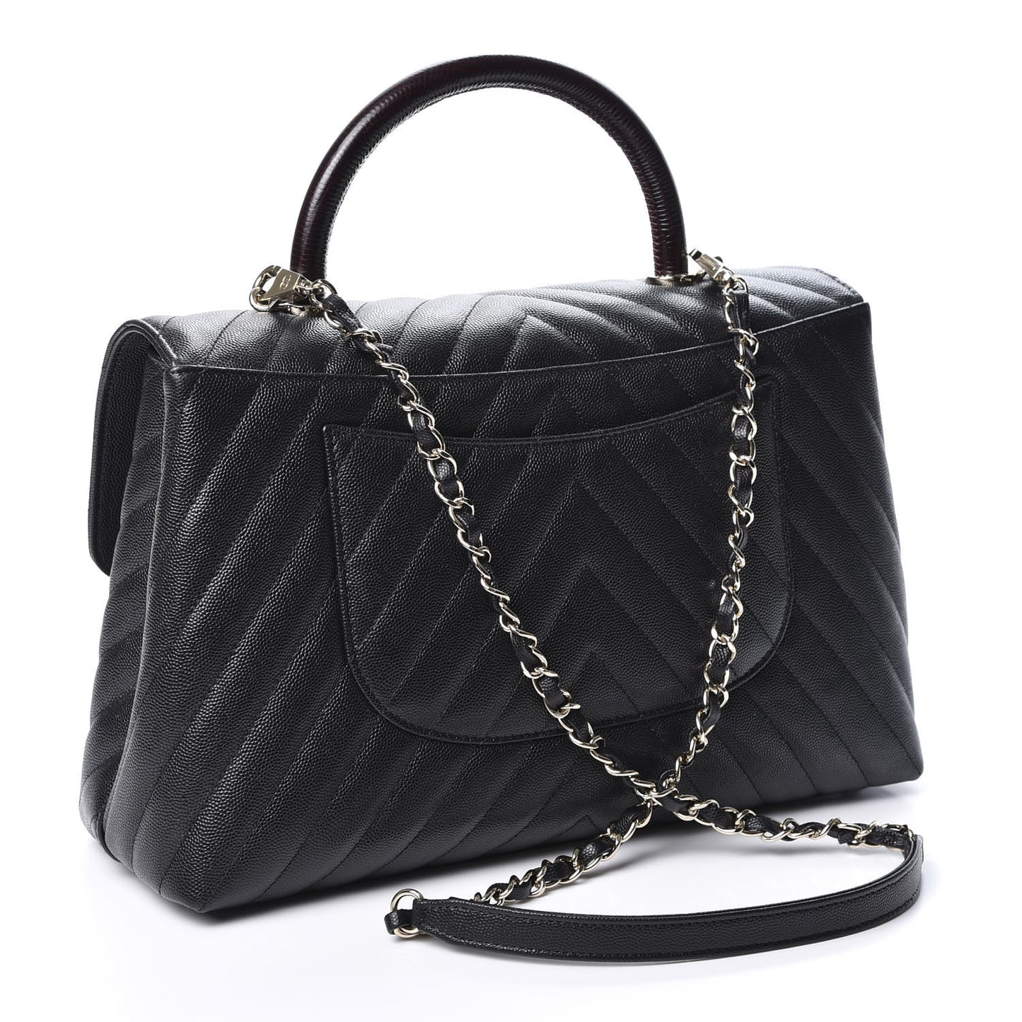 Caviar Lizard Embossed Chevron Quilted Medium Coco Handle Flap Black