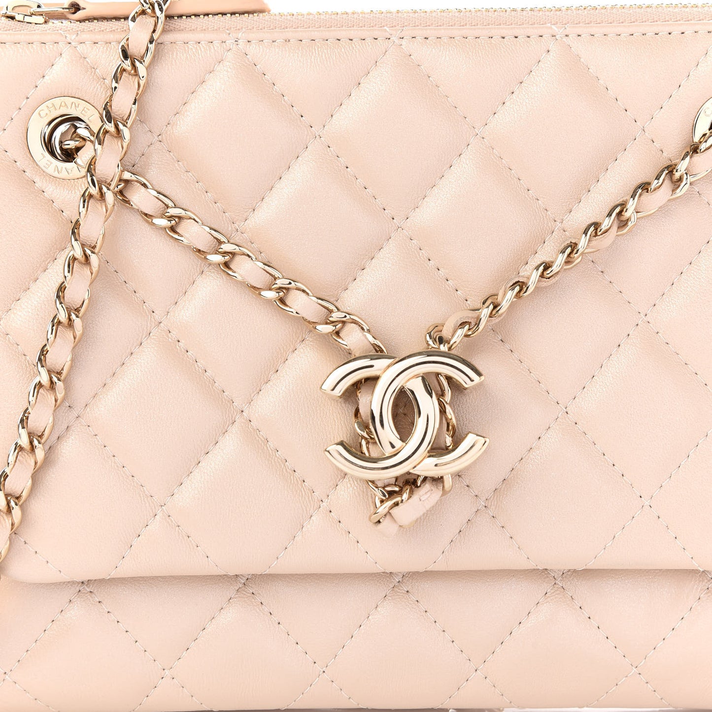 Shiny Lambskin Quilted Small Double Case With Strap Beige