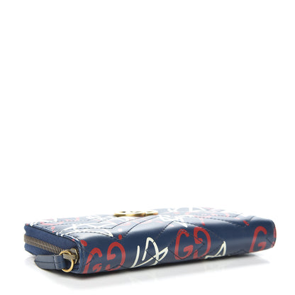 Gucci Calfskin Matelasse GucciGhost GG Marmont Zip Around Wallet Blue Agata Hibiscus Red 4 of 7
