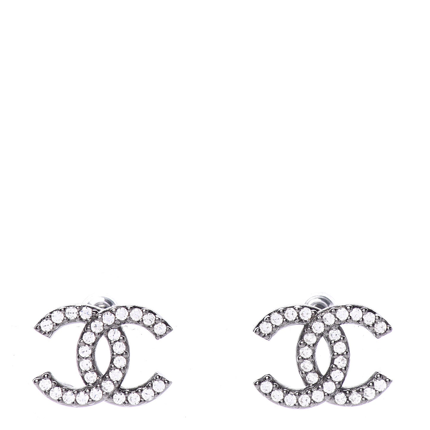 Metal Crystal CC Lock Symbols Stud Earrings Ruthenium