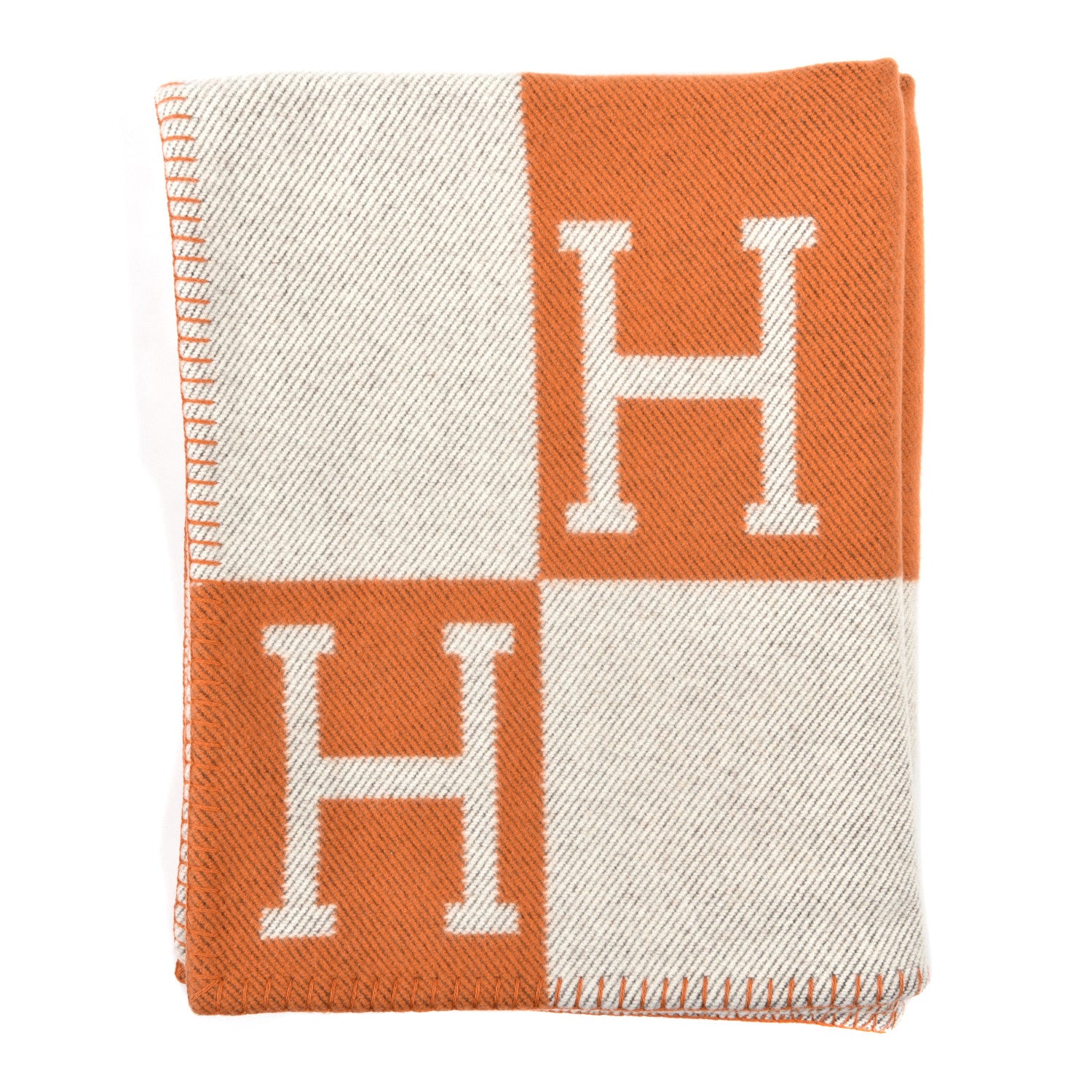 Hermes Wool Cashmere Signature Classic Avalon Blanket Ecru Potiron 1 of 3