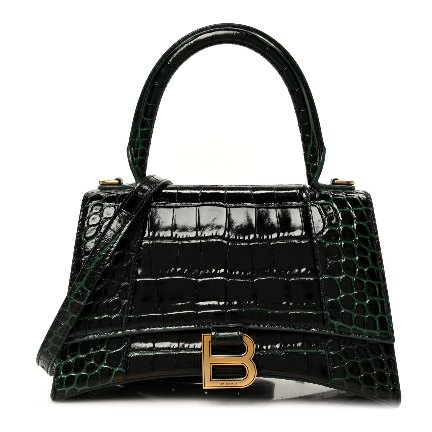 Balenciaga Shiny Calfskin Crocodile Embossed Small Hourglass Top Handle Bag Forest Green 1 of 11