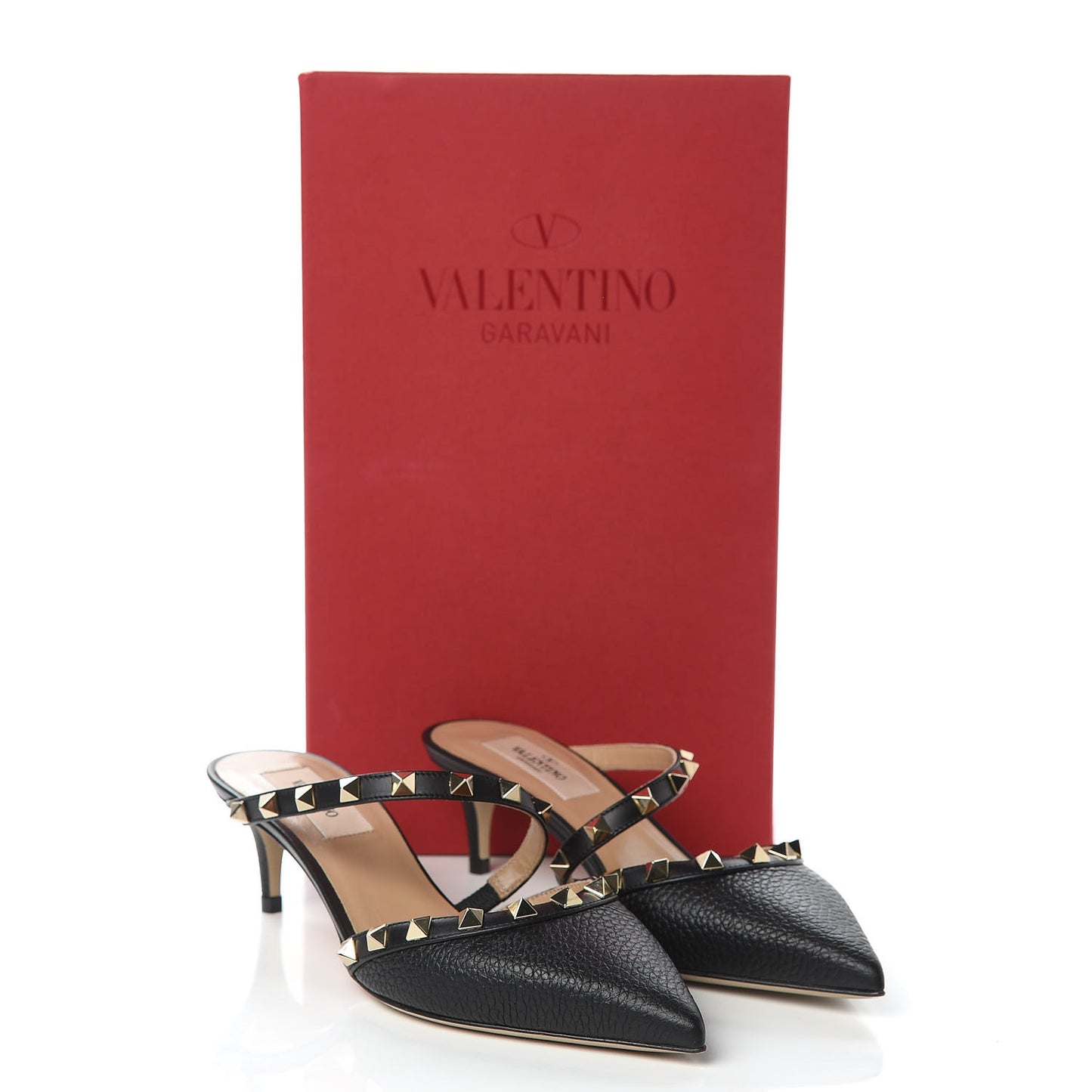 Pebbled Calfskin Rockstud Cross Strap 50mm Mules 36 Black