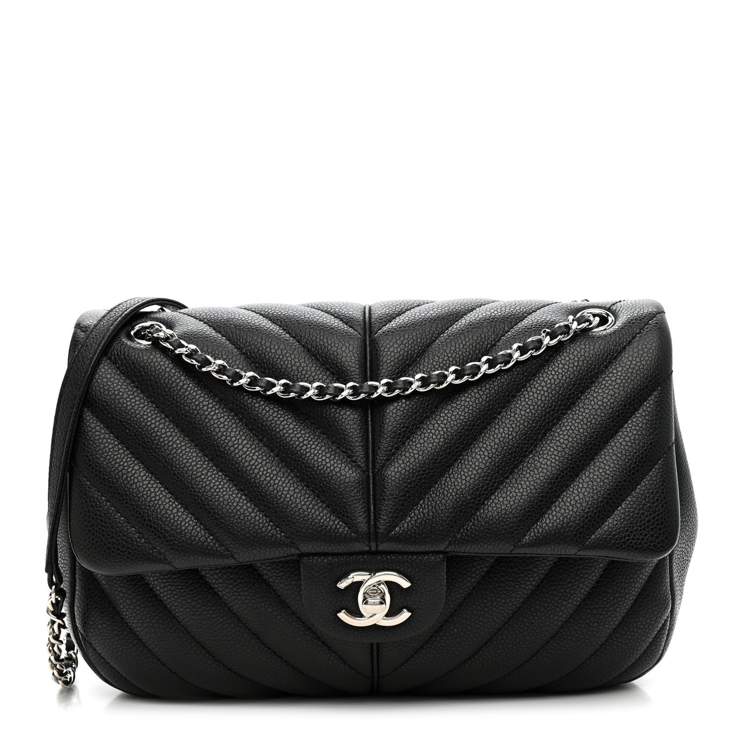 Caviar Chevron Quilted Puffy CC Flap Black