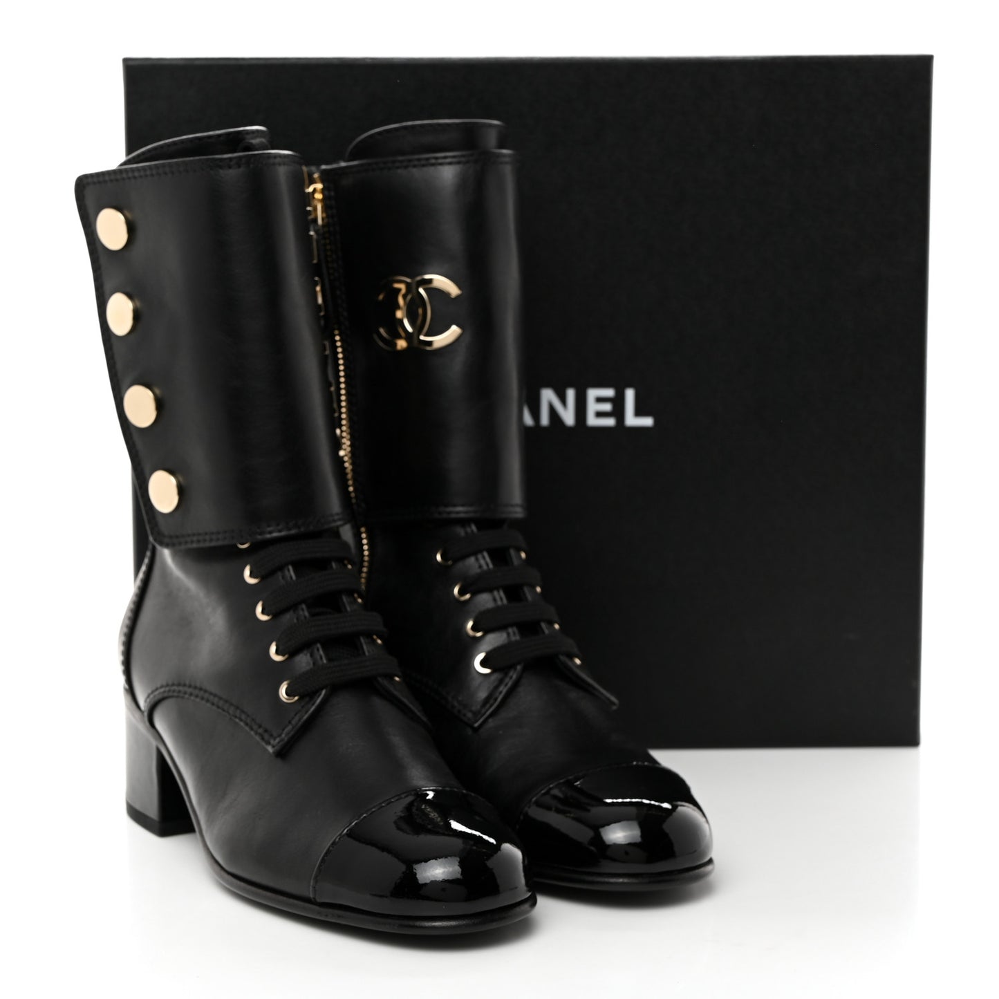 Calfskin Patent Cap Toe CC Lace Up Boots 38 Black