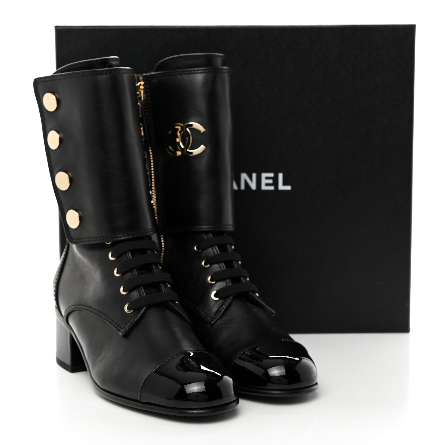 Chanel Calfskin Patent Cap Toe CC Lace Up Boots 38 Black 9 of 9