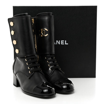 Chanel Calfskin Patent Cap Toe CC Lace Up Boots 38 Black 9 of 9