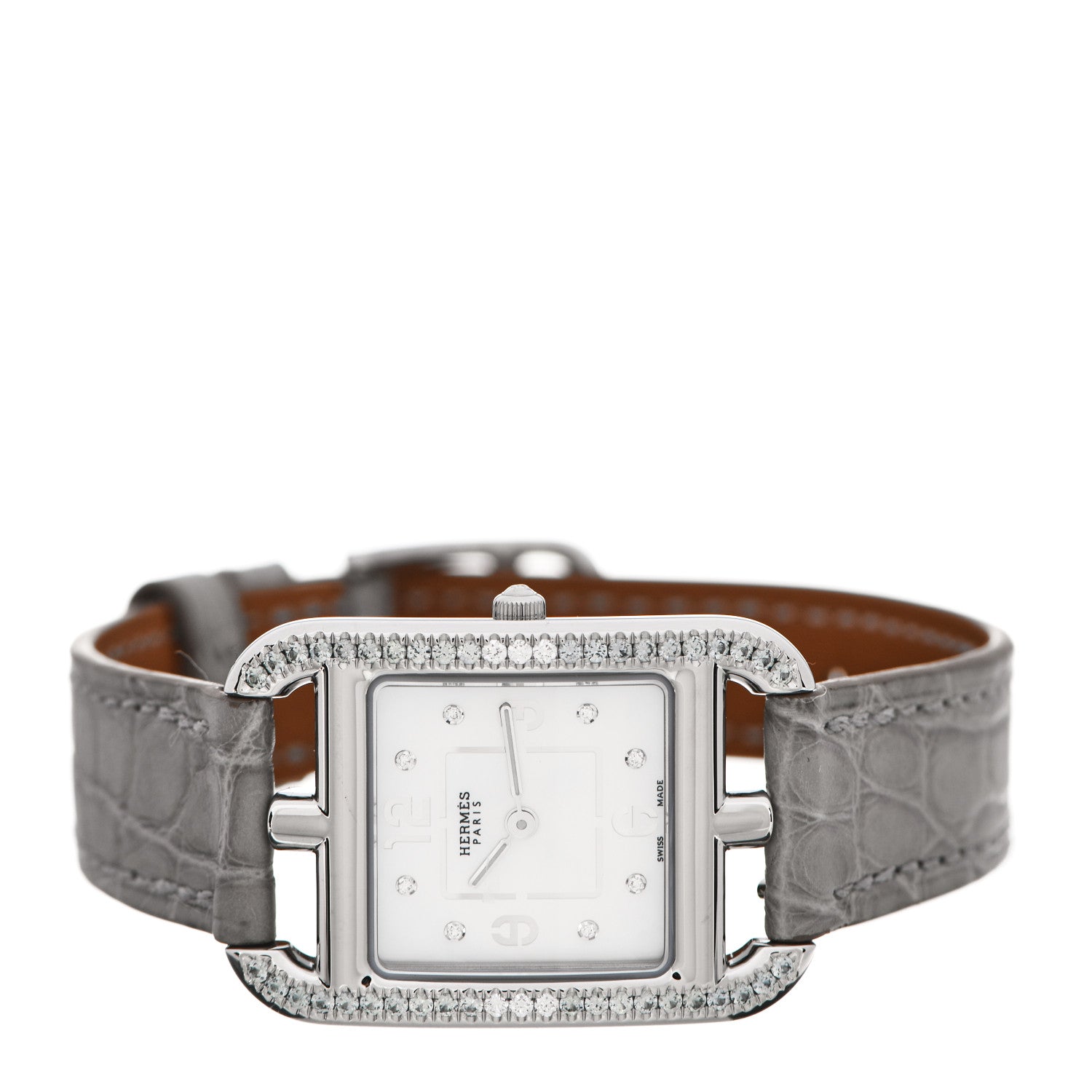 Hermes Stainless Steel Alligator Diamond Bezel Grey Sapphire Mother of Pearl 23mm Cape Cod Quartz Watch Gris Perle 2 of 5