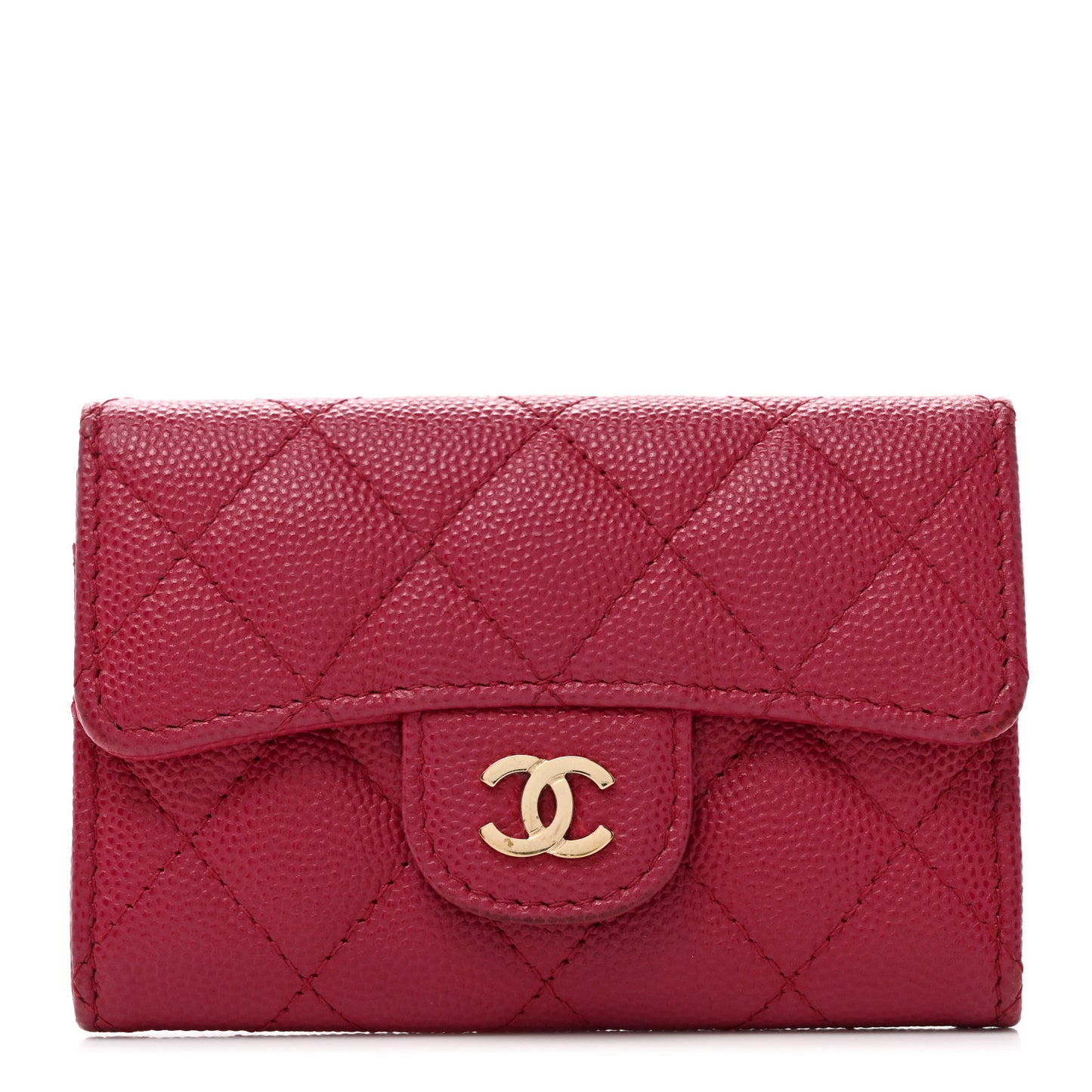 Caviar Quilted Flap Card Holder Wallet Dark Pink