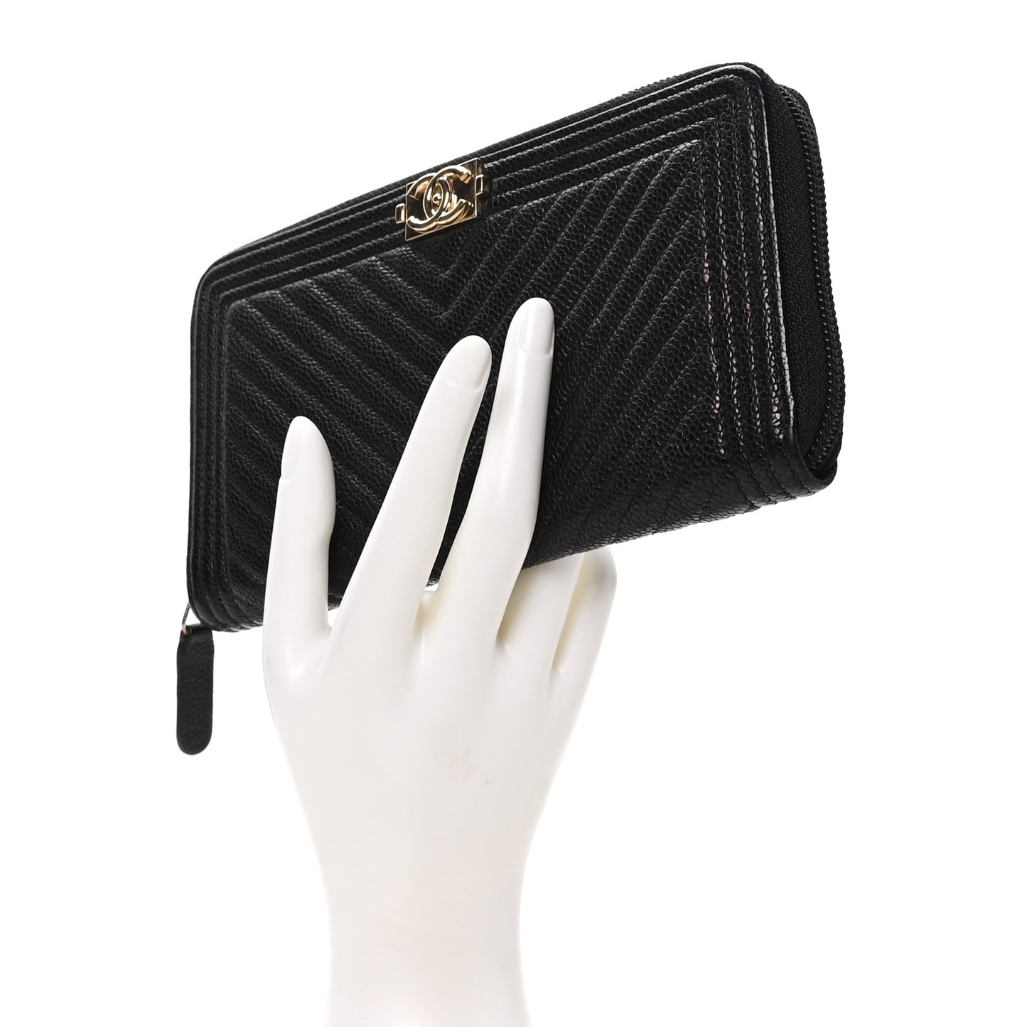 Caviar Chevron Quilted Zip Around Boy Wallet Black