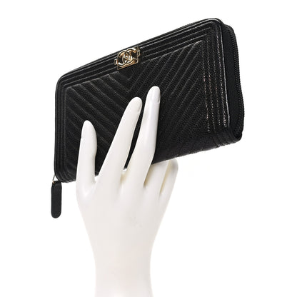 Chanel Caviar Chevron Quilted Zip Around Boy Wallet Black 2 of 7