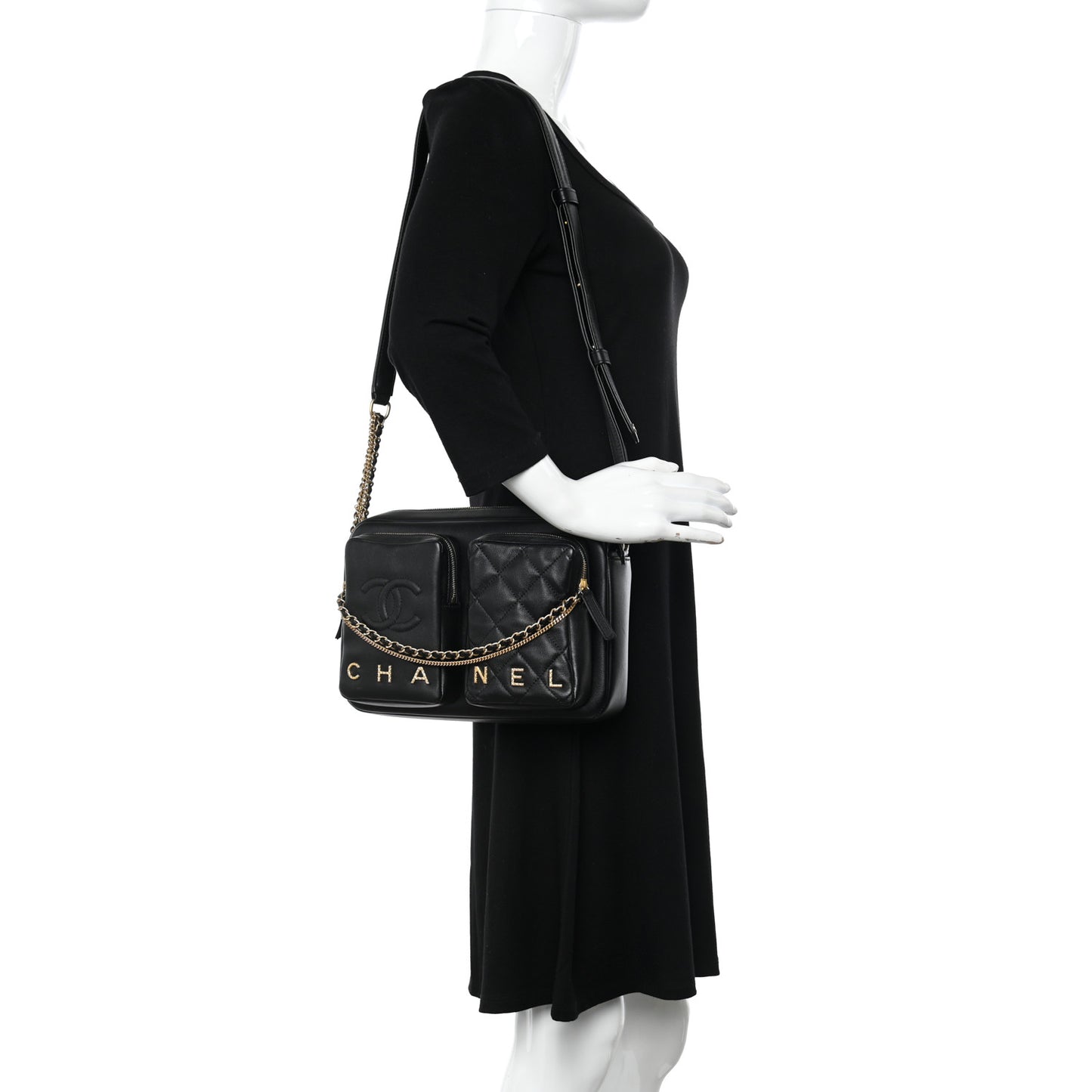 Calfskin Quilted Large Camera Case Black