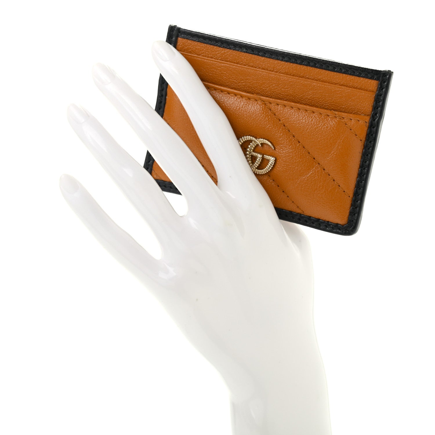 Gucci Vintage Effect Calfskin Matelasse Diagonal Torchon GG Marmont Card Holder Cognac Black 2 of 6