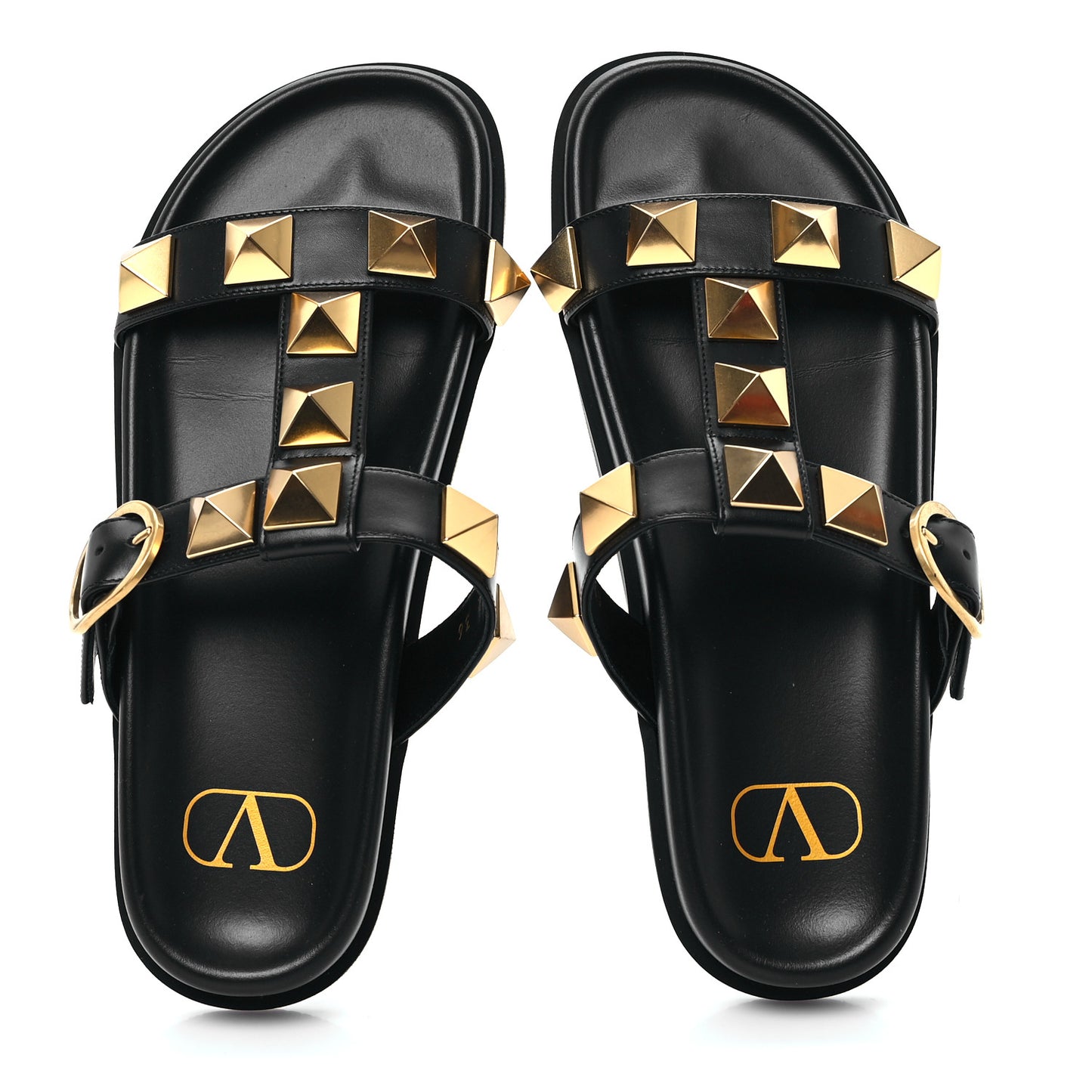Calfskin Roman Stud Flat Slide Sandals 36 Black