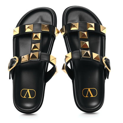Valentino Garavani Calfskin Roman Stud Flat Slide Sandals 36 Black 2 of 10