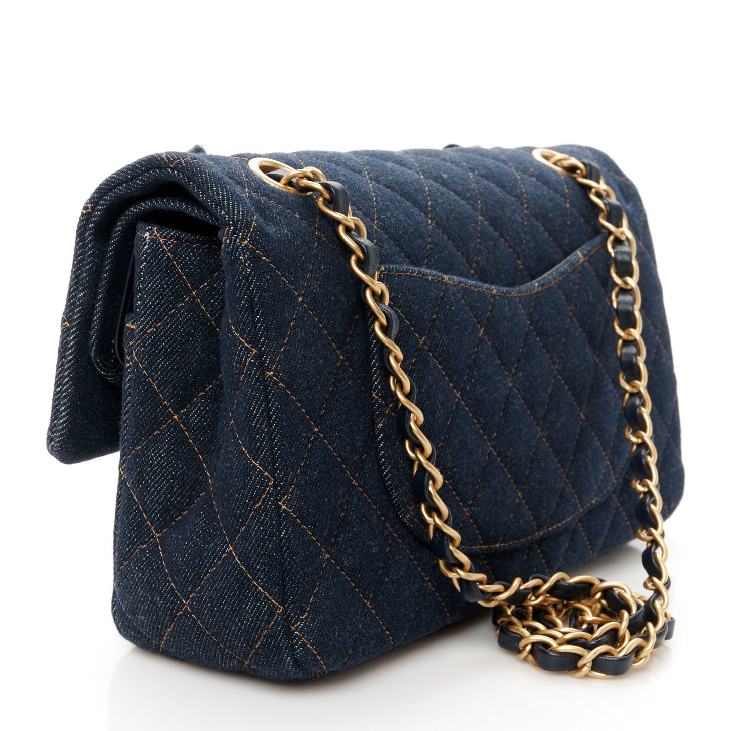 Denim Quilted Medium Double Flap Dark Blue