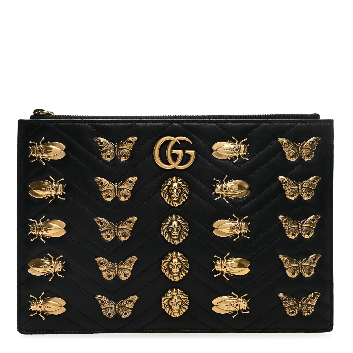 Calfskin Matelasse Animal Studs GG Marmont Pouch Bag Black
