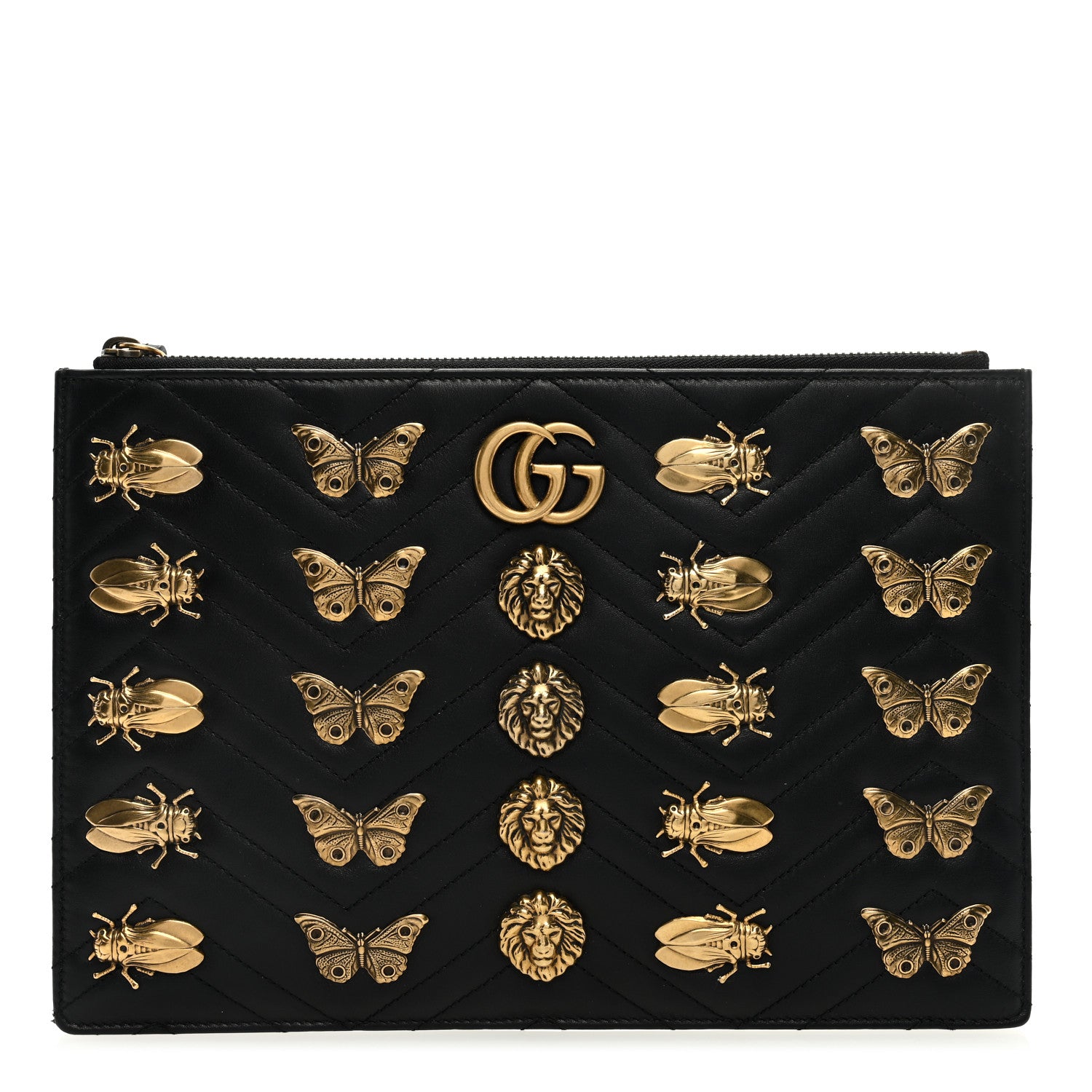 Gucci Calfskin Matelasse Animal Studs GG Marmont Pouch Bag Black 1 of 7
