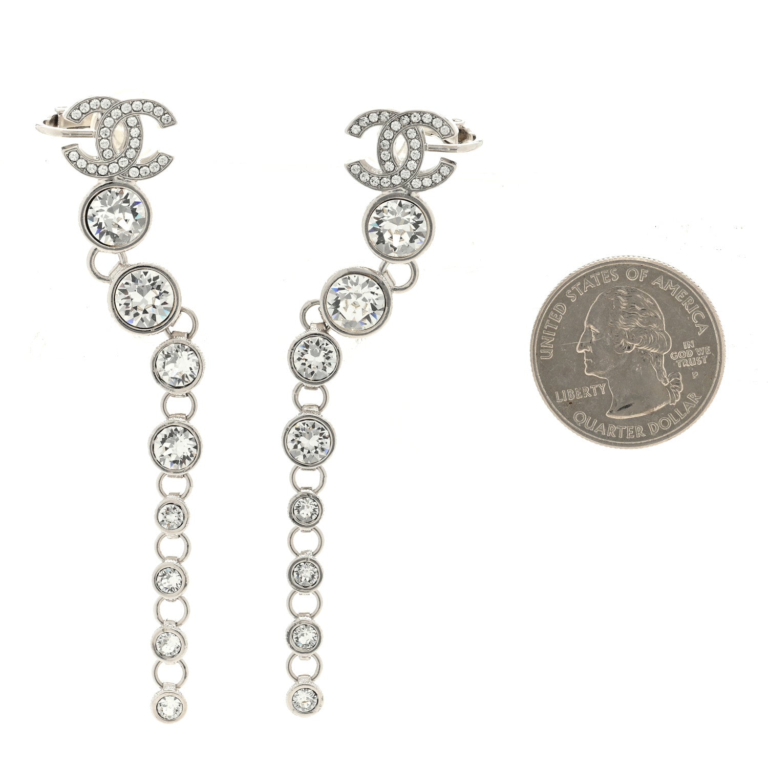 Chanel Crystal CC Long Drop Earrings Silver 2 of 4