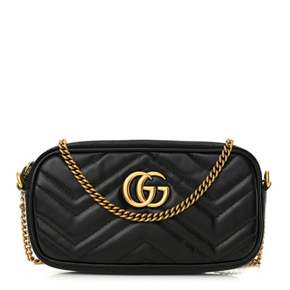 Gucci Calfskin Matelasse Mini GG Marmont Chain Crossbody Bag Black 1 of 13