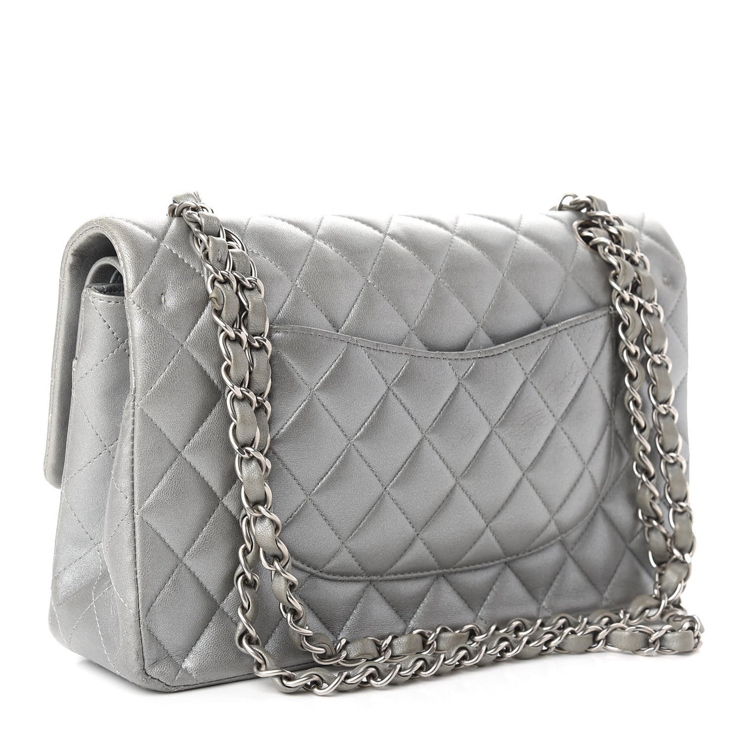 Metallic Lambskin Quilted Medium Double Flap Silver