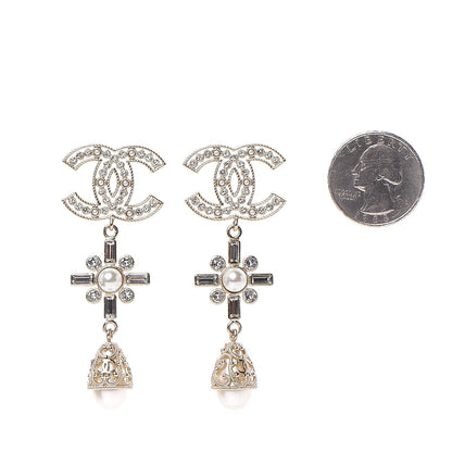 Chanel Crystal Pearl CC Drop Earrings Gold 2 of 4
