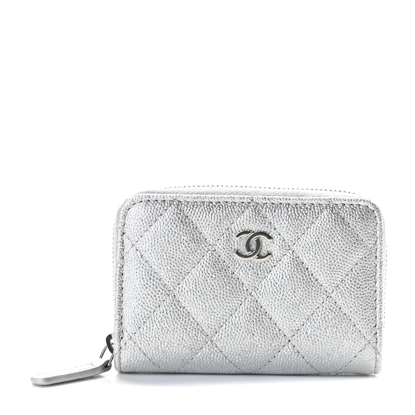 Glittered Metallic Caviar Quilted Zip Coin Purse Wallet Silver