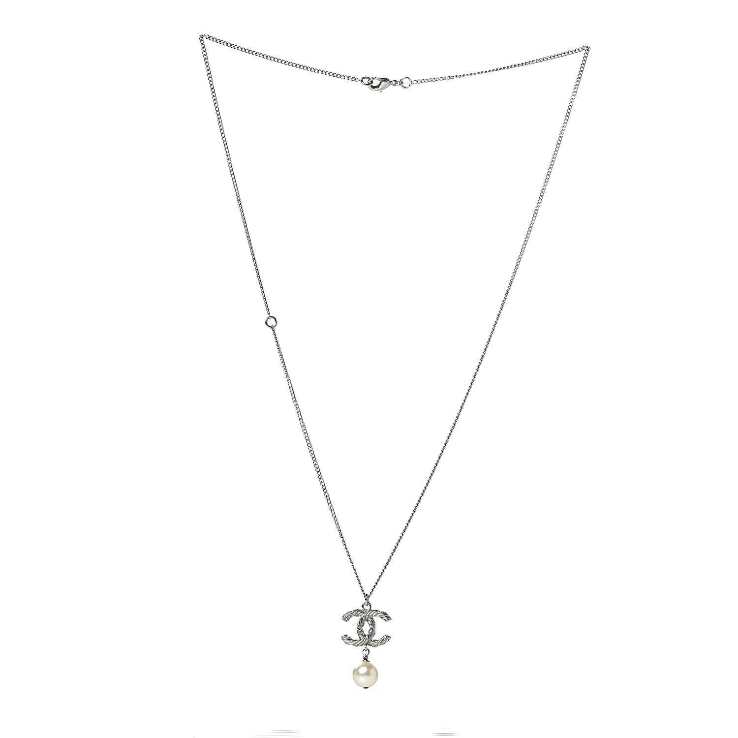 Chanel Pearl Twisted CC Drop Necklace Silver 3 of 5