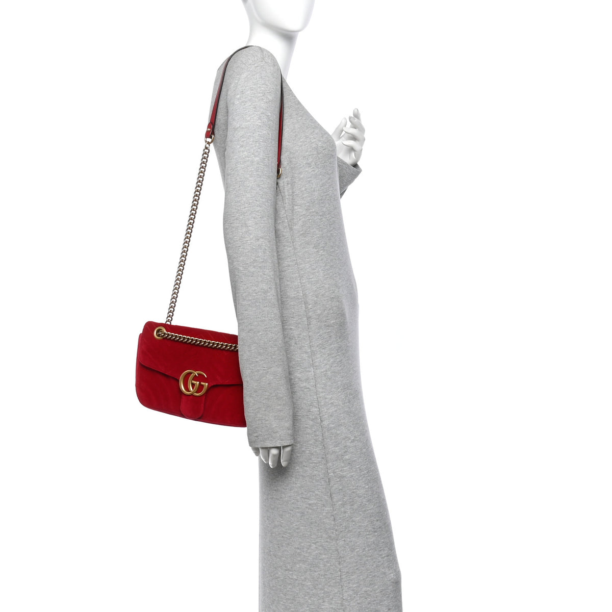 Gucci Velvet Matelasse Small GG Marmont Shoulder Bag Hibiscus Red 2 of 10