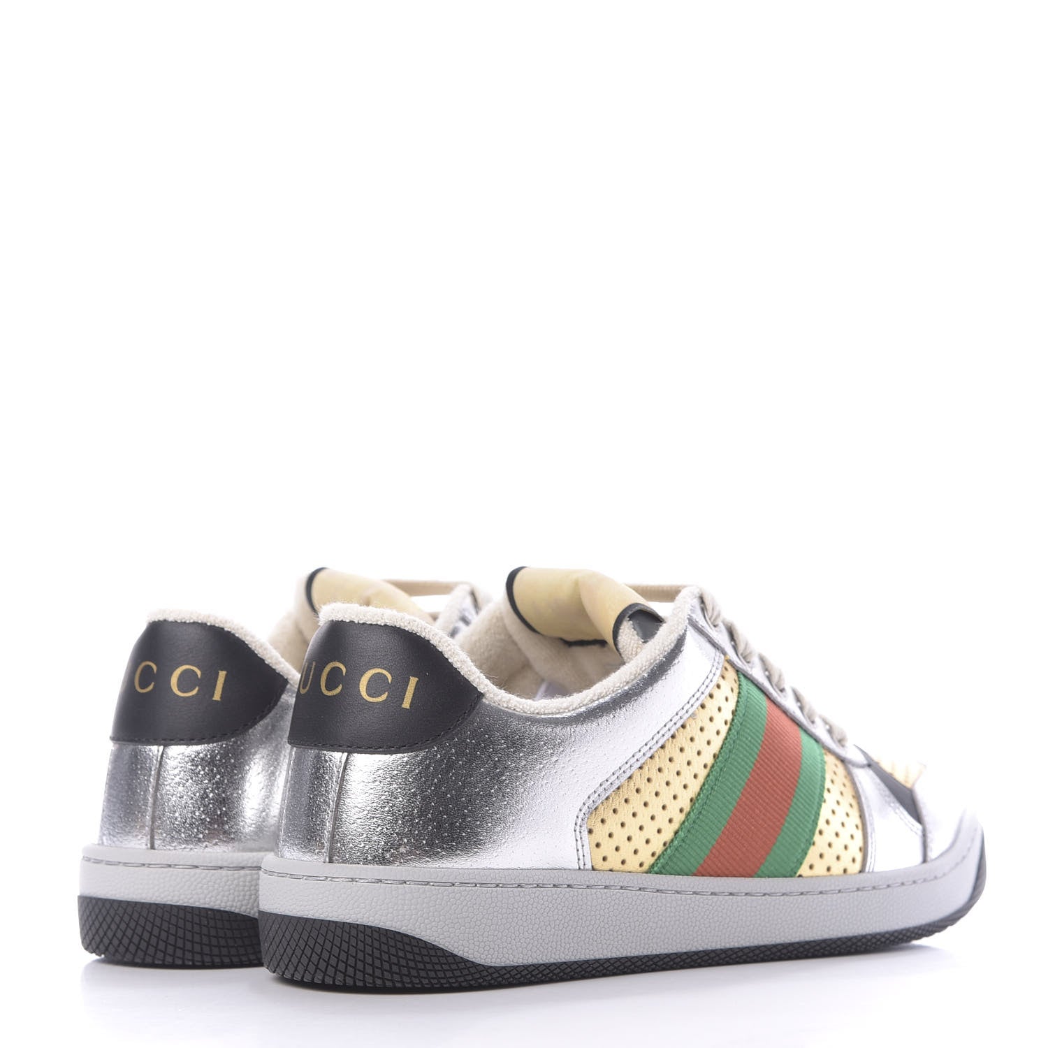 Gucci Metallic Calfskin Web Womens Screener Sneakers 35 Silver Gold Black 4 of 10