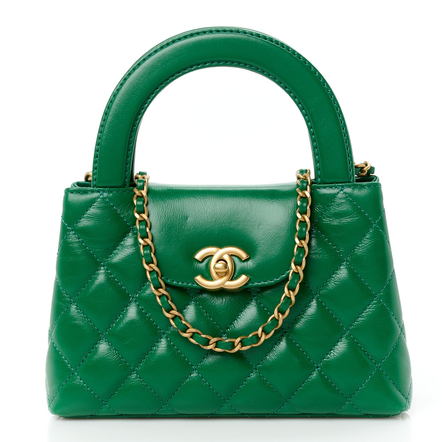 Shiny Aged Calfskin Quilted Nano Kelly Shopper Green
