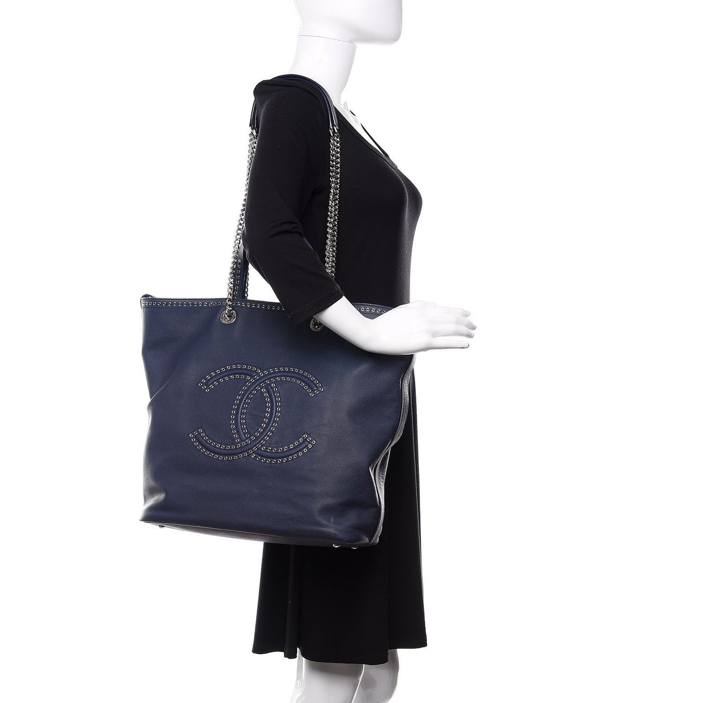 Grained Calfskin Large Coco Eyelets Shopping Tote Navy