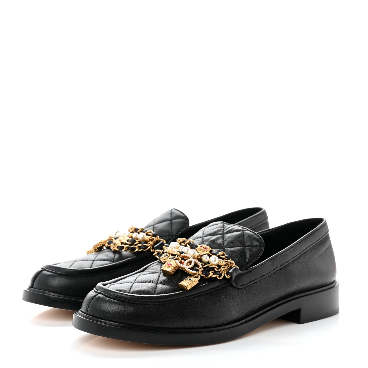 Chanel Lambskin Pearl Crystal Quilted CC Logo Jewelry Loafers 39 Black 3 of 9
