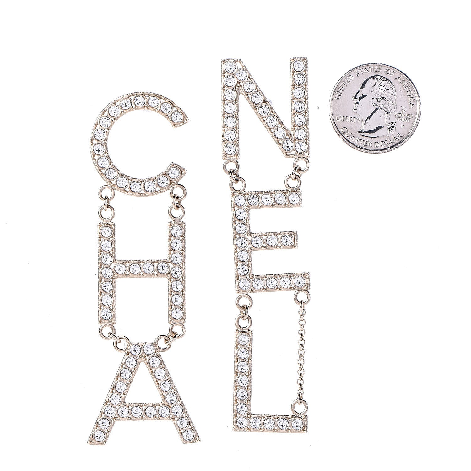 Chanel Crystal Cha-Nel Logo Drop Earrings Gold 2 of 5