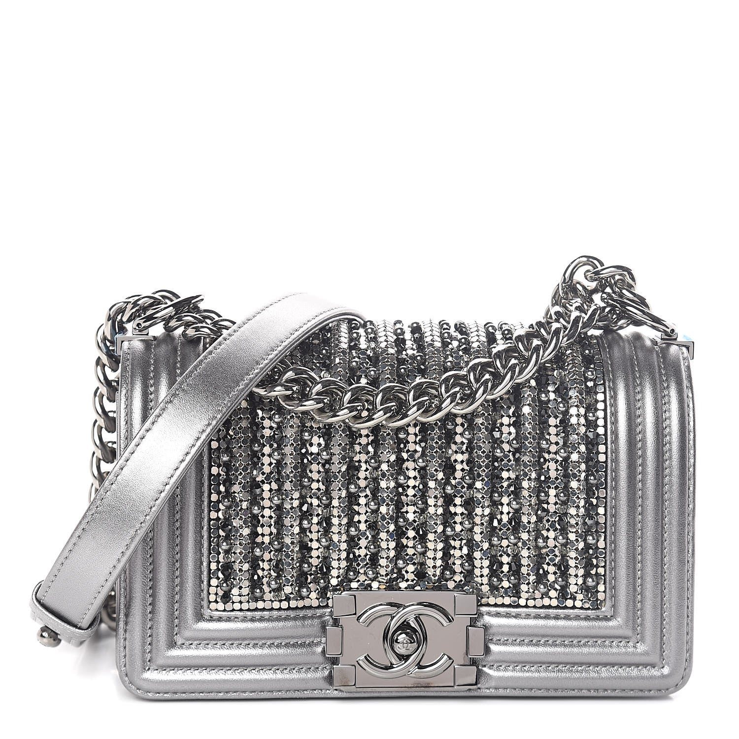 Chanel Metallic Lambskin Glass Pearl Embroidered Small Boy Flap Silver 2 of 10