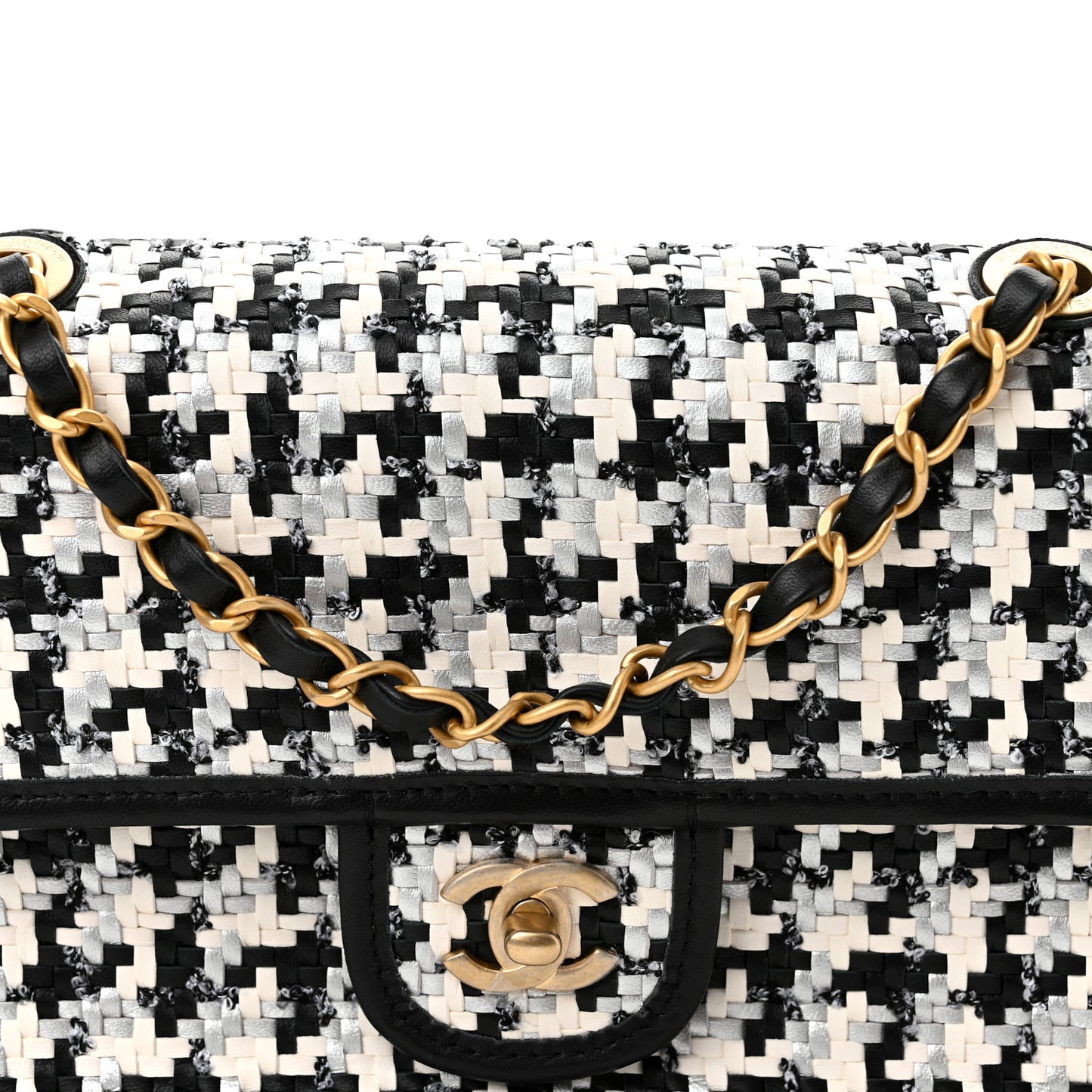 Metallic Lambskin Viscose Woven Flap Silver Black