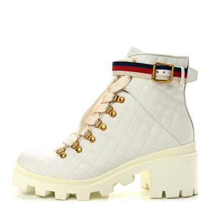 Gucci Calfskin Quilted Sylvie Web Lace Up Combat Ankle Boots 39 White 1 of 10
