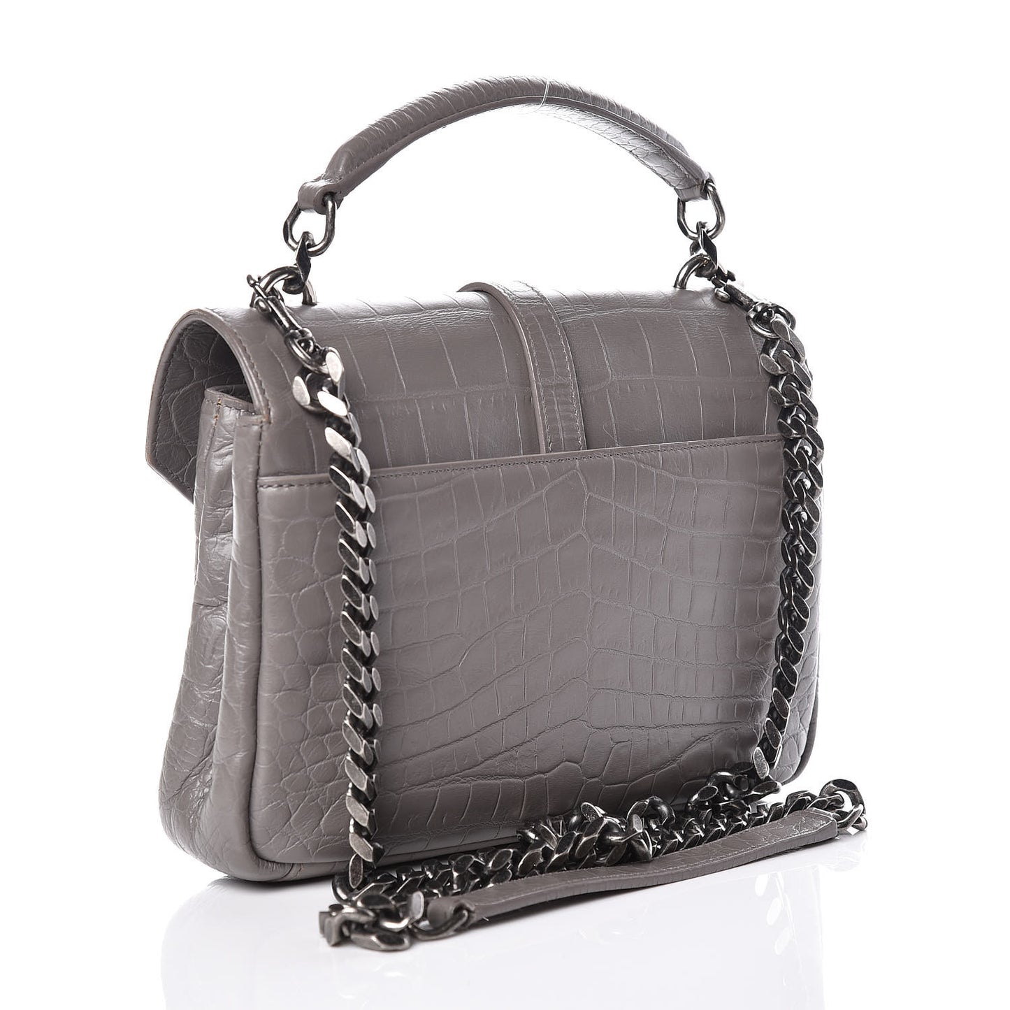 Calfskin Crocodile Embossed Medium College Monogram Satchel Gray