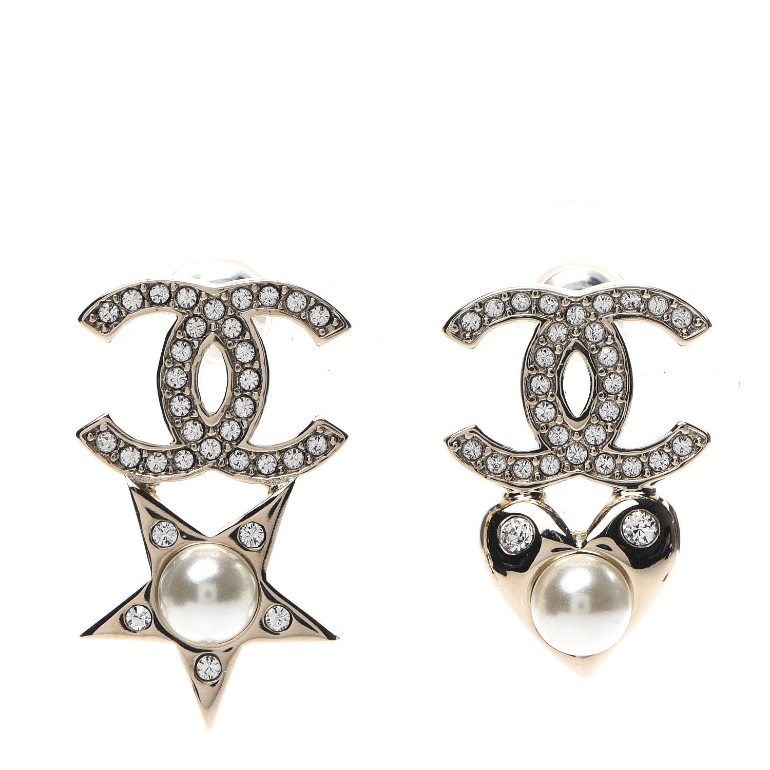 Chanel Crystal Pearl Charming Winter CC Star Heart Earrings Gold 1 of 5