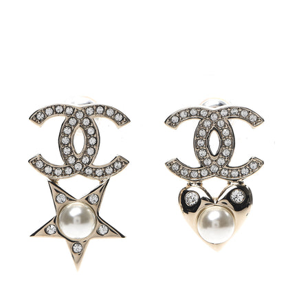 Chanel Crystal Pearl Charming Winter CC Star Heart Earrings Gold 1 of 5