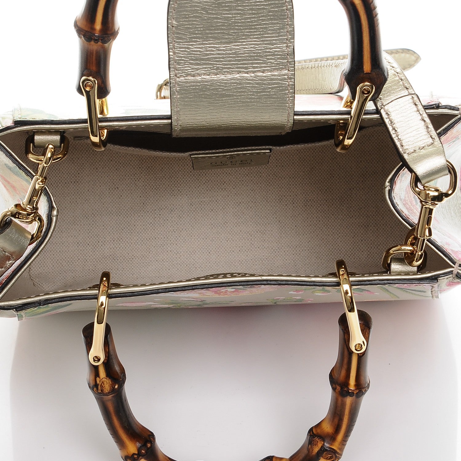 Gucci Metallic Shangai Calfskin Blooms Print Mini Bamboo Shopper Tote Gold Multicolor 6 of 8