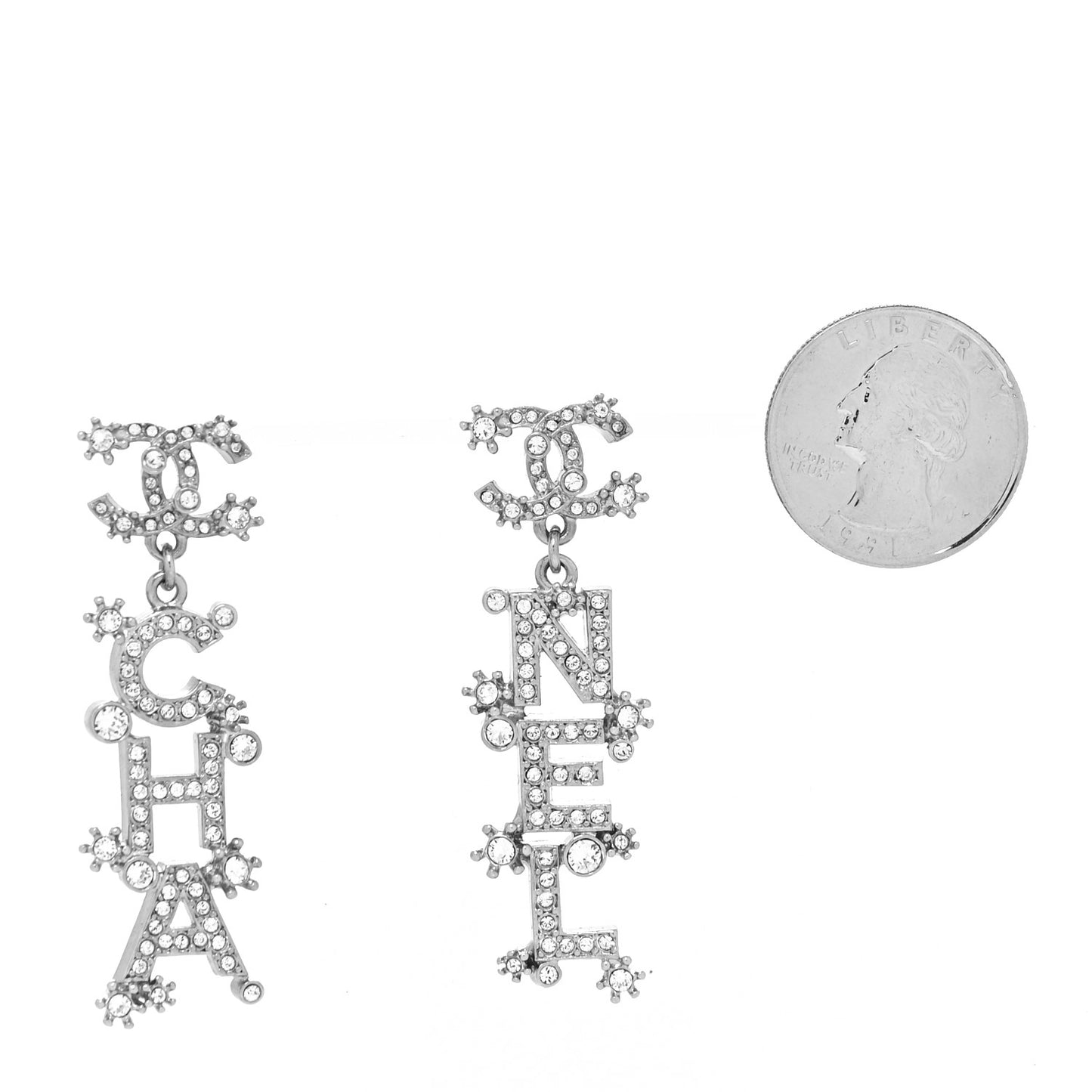 Crystal Cha-Nel Logo Drop Earrings Silver