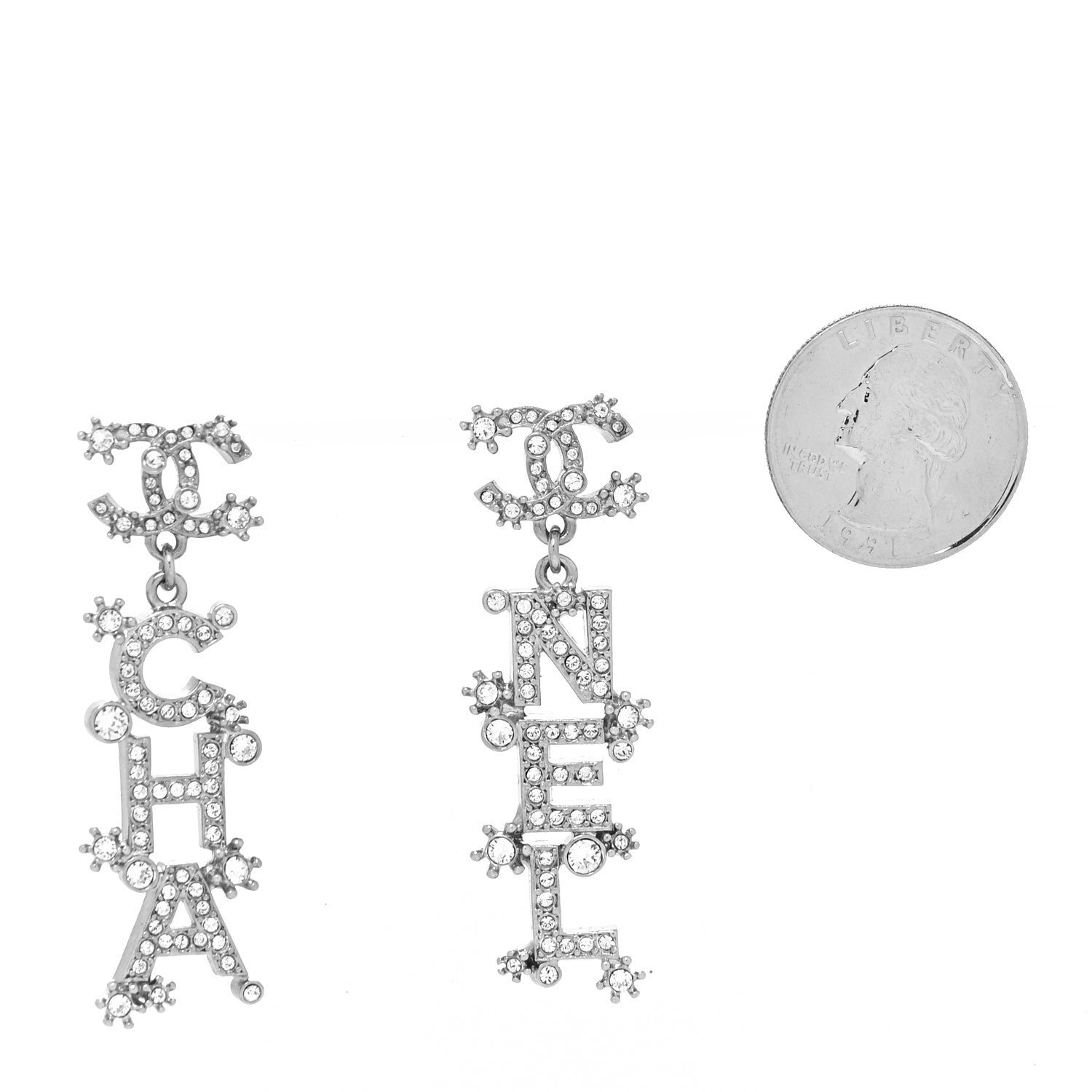Chanel Crystal Cha-Nel Logo Drop Earrings Silver 2 of 4