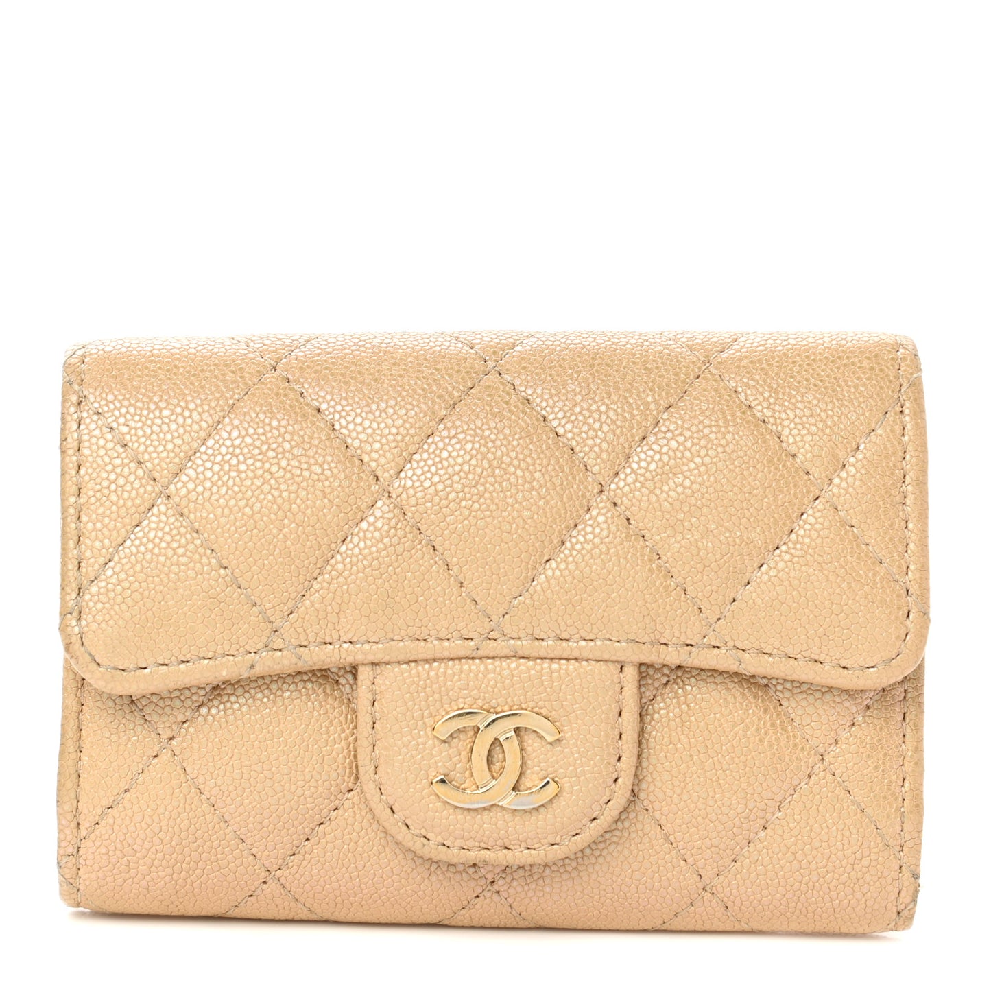 Iridescent Caviar Quilted Classic 4 Key Holder Wallet Beige