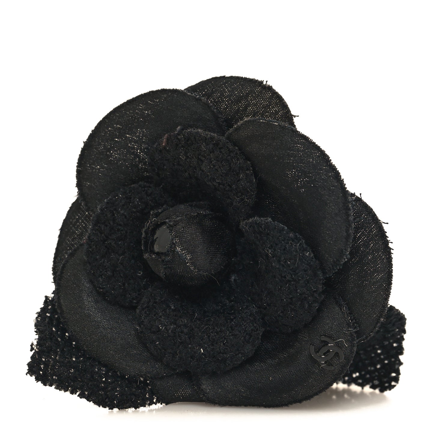 Tweed Fabric Camellia Pin Brooch Black