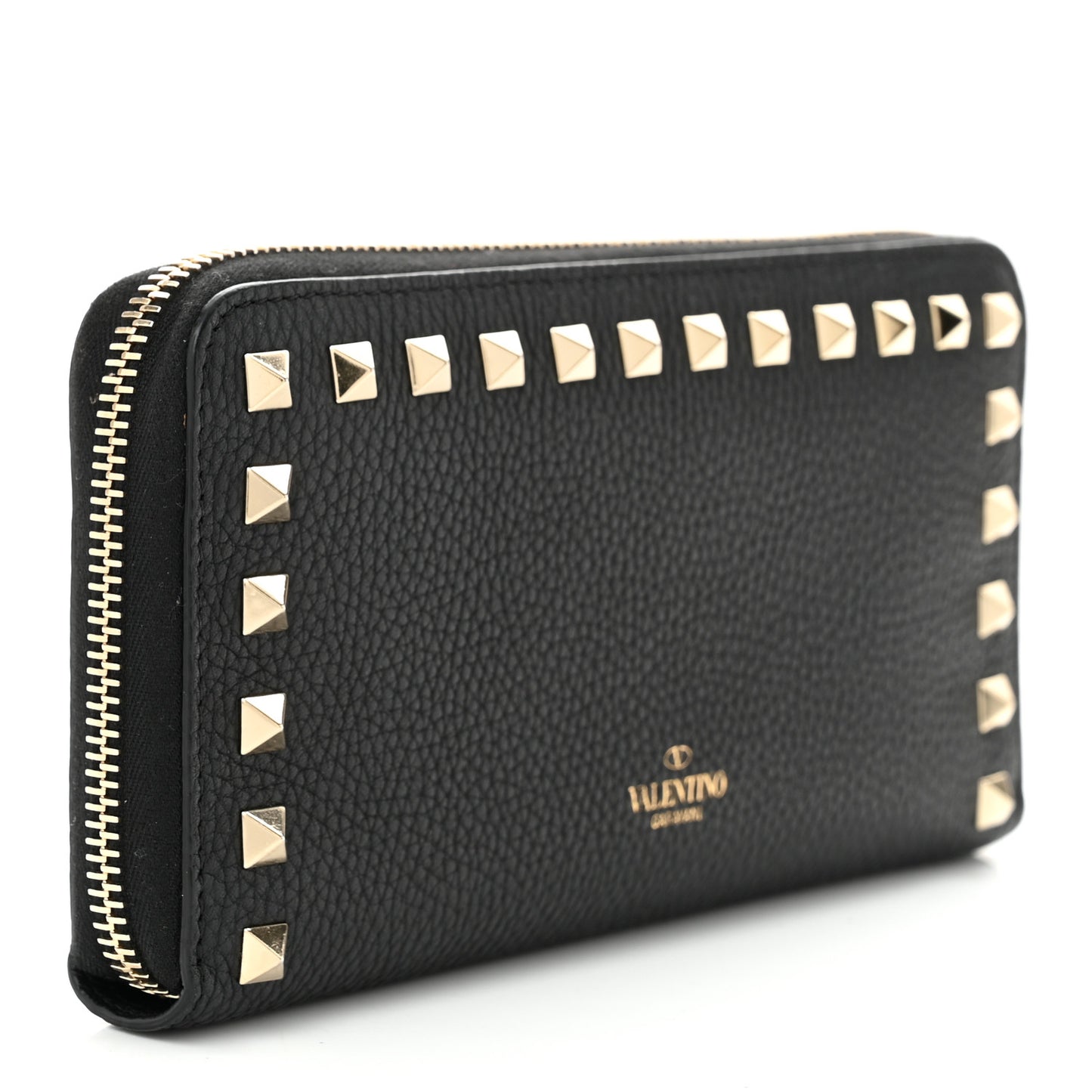 Pebbled Calfskin Rockstud Zip Around Wallet Black