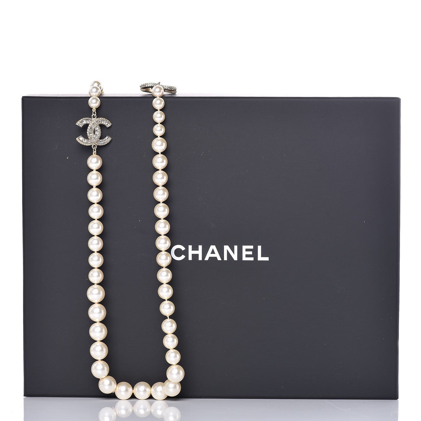 Pearl Baguette Crystal Long CC Necklace Gold