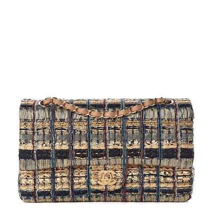 Chanel Tweed Quilted Medium Double Flap Gold Blue Light Green Black 1 of 15